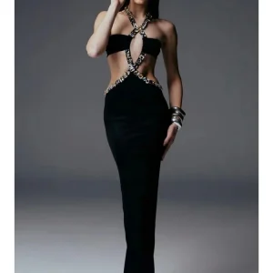AVP PASSION: Diamond-Embellished Black Maxi Bodycon Dress