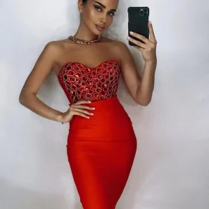 AVP PASSION: Hand-Beaded Red Two-Piece Bandage Set