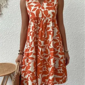 AVP PASSION – Robe d'Été Sans Manches à Imprimé Feuilles | Col V | Tailles S à 5XL