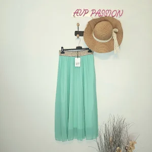 AVP PASSION Jupe Plissée Vert Menthe Élastique Tissu Vaporeux Ceinture Dorée Taille Unique S à L Style Romantique et Élégant