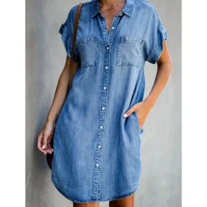 AVP PASSION: Button-Up Casual Denim Shirt Dress with Pockets